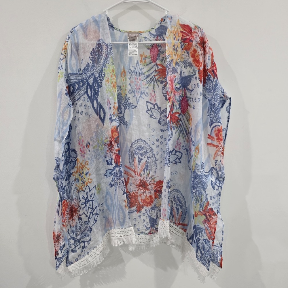 Chicos Womens Linen Floral Poncho Fringe Beach Coastal Euro Summer